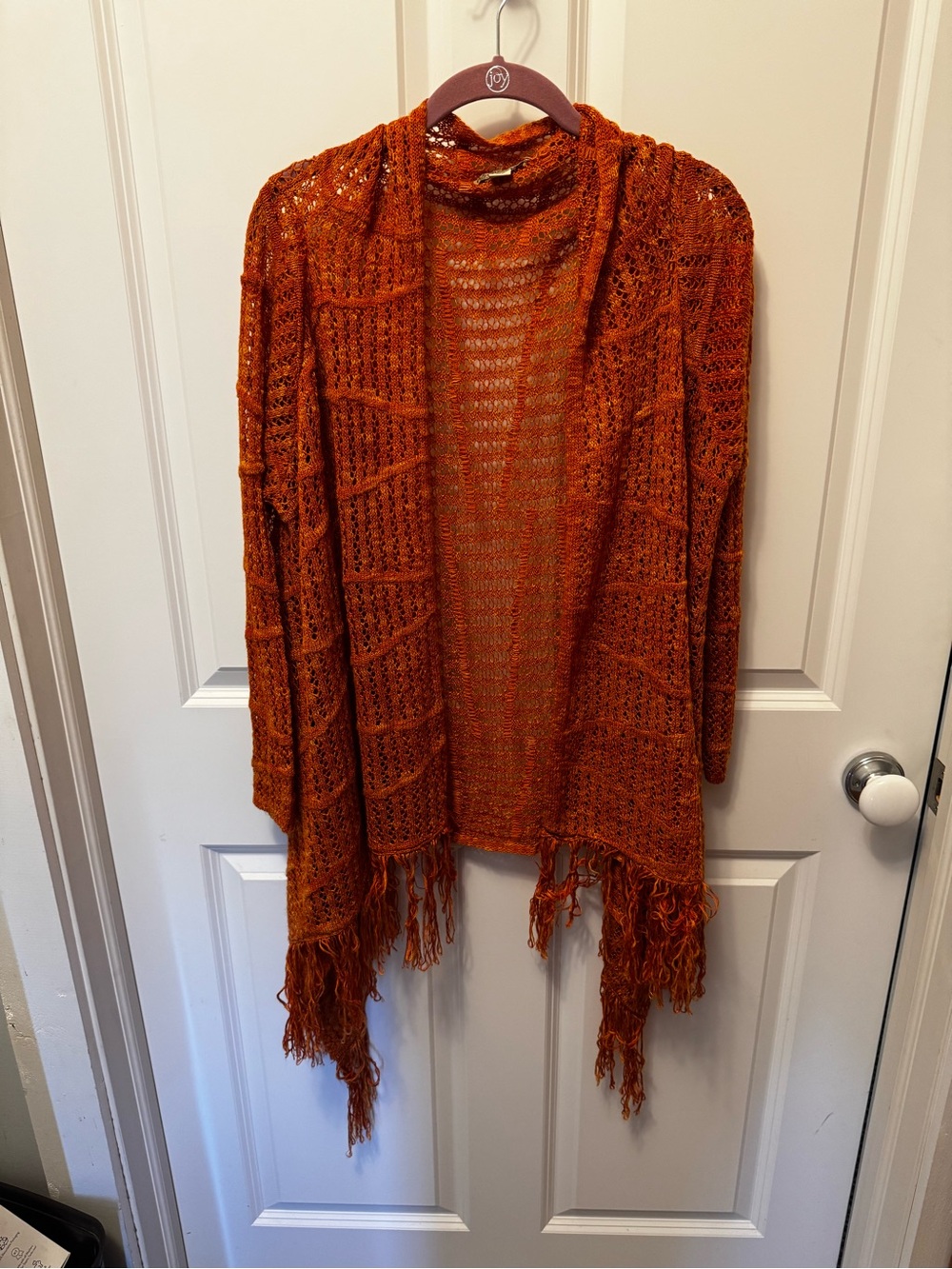 Energy Open-Front Orange Crochet Fringe Women's Sweater